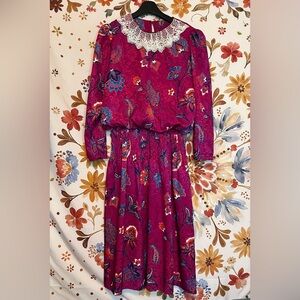 VTG Lord & Taylor M Dark Pink Ornate Pattern Paisley Church Teacher Midi Dress